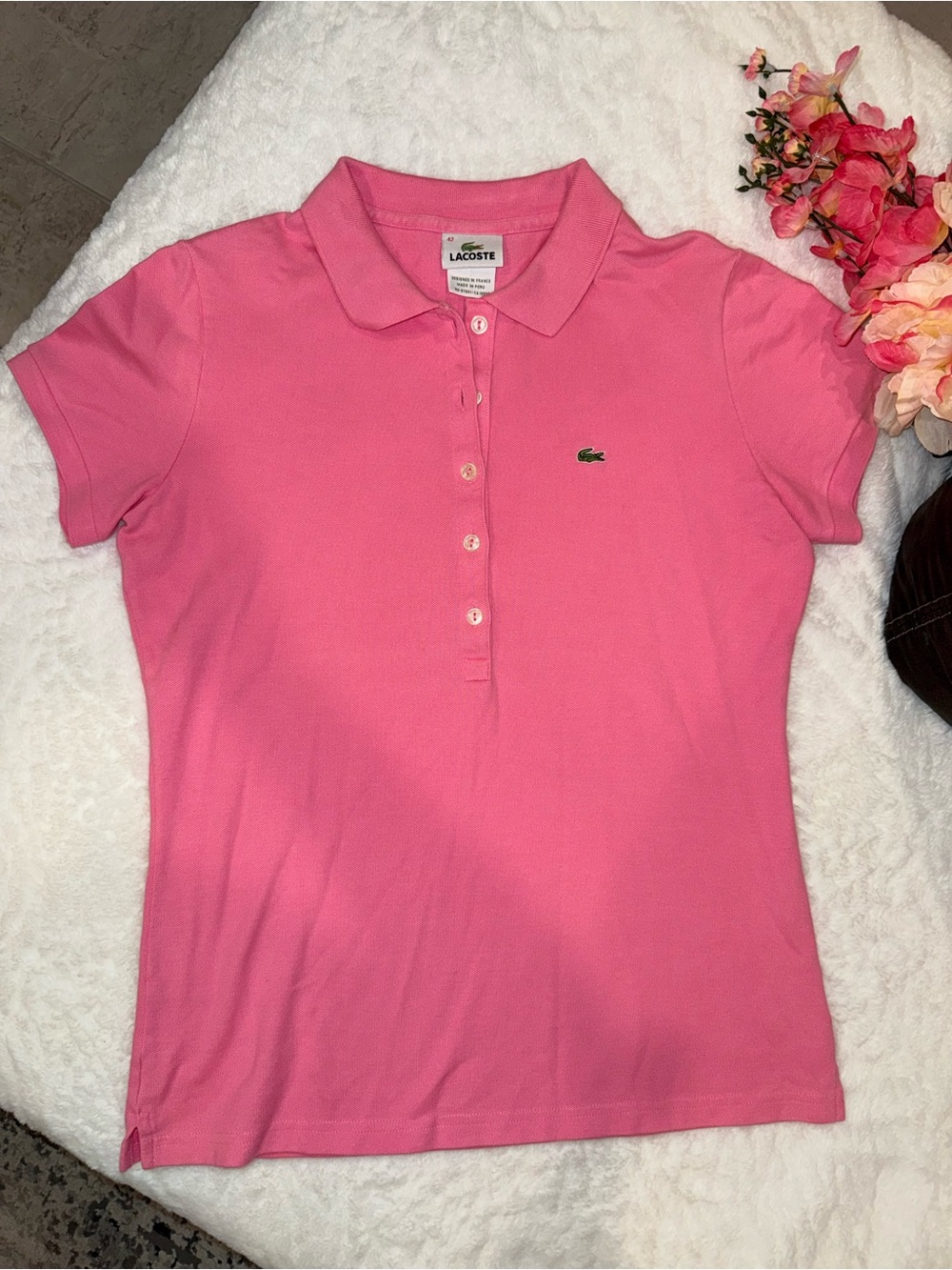 Lacoste Pink Short Sleeve Polo Shirt with Green Crocodile Logo Size 42